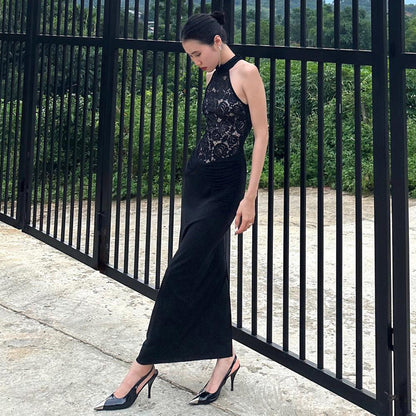 Sheer Cutout Lace Breathable Backless Sleeveless Black Slim Fit Dress Stretch