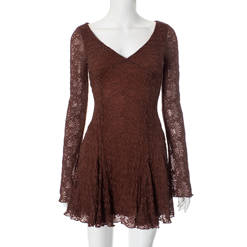 Lace Stitching  Elegant V neck Long Sleeve Slim Fit Dress