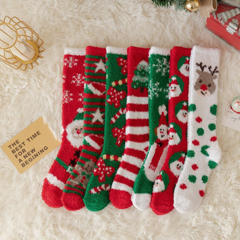 Thick Coral Fleece Reindeer Snowman High Top Christmas Socks