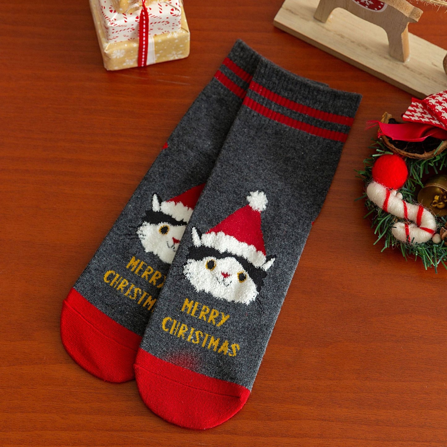 Cartoon Moose Santa Mid-Calf Crew Straight Christmas Socks
