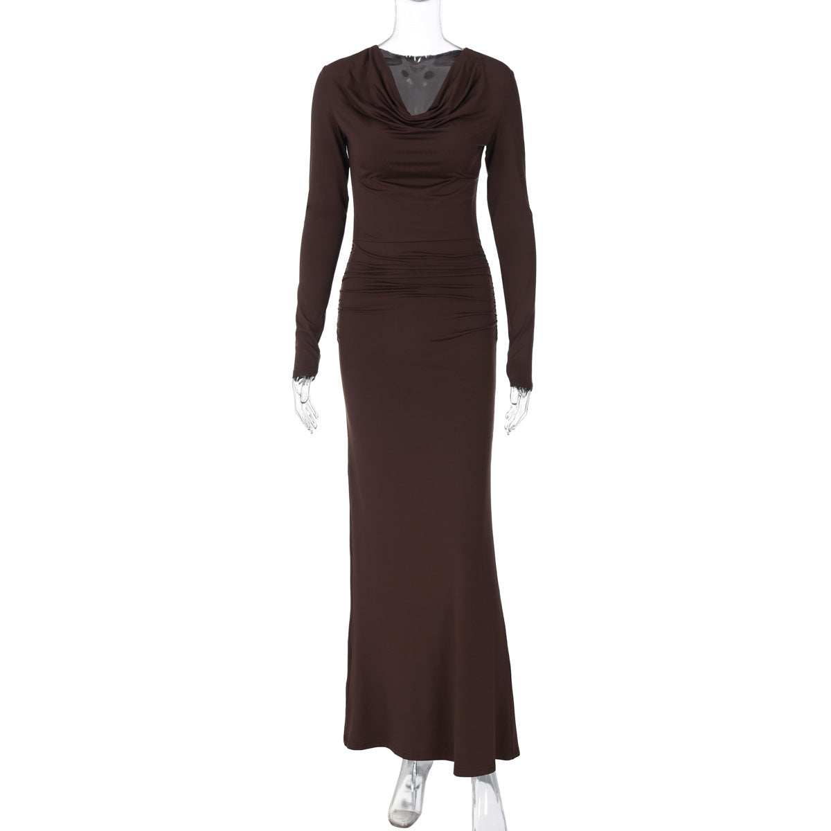 Swing Collar Long Sleeve Pleated Slim Sheath Dress