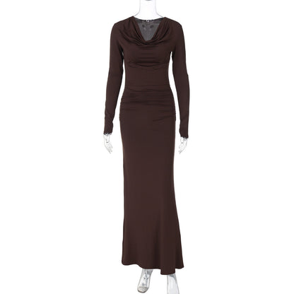 Swing Collar Long Sleeve Pleated Slim Sheath Dress