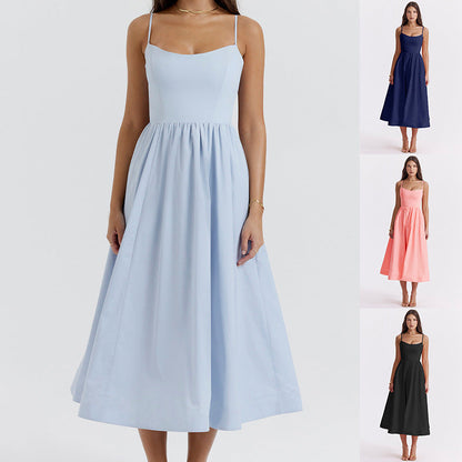 Solid Color Backless Spaghetti Straps Large Swing