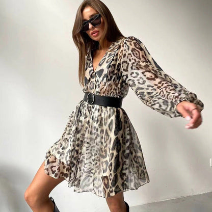 French Chiffon Dress Trend Doll Collar Long Sleeve Leopard Print Dress