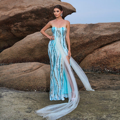 Long Sequined Cocktail Ribbon Evening Dress Bridesmaid Dress