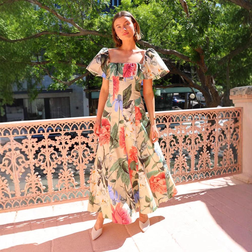 Dress Chiffon Floral Print off Shoulder Beach Dress Seaside Vacation Maxi
