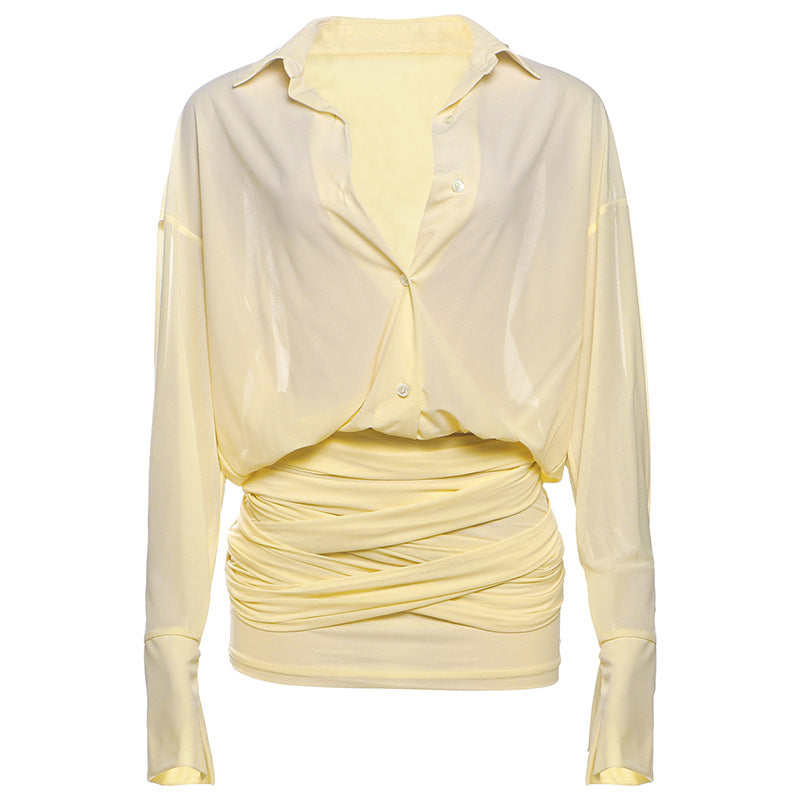 Elegant Collared Slim Fit Sheath Lace up Shirt Dress Short