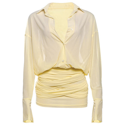 Elegant Collared Slim Fit Sheath Lace up Shirt Dress Short