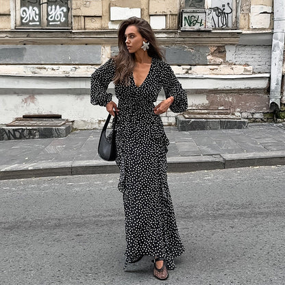 Retro V neck Puff Sleeve Polka Dot All Matching Long Sleeve Ruffled Elegant Slim Fit Slimming