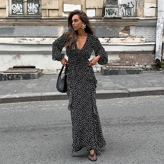 Retro V neck Puff Sleeve Polka Dot All Matching Long Sleeve Ruffled Elegant Slim Fit Slimming