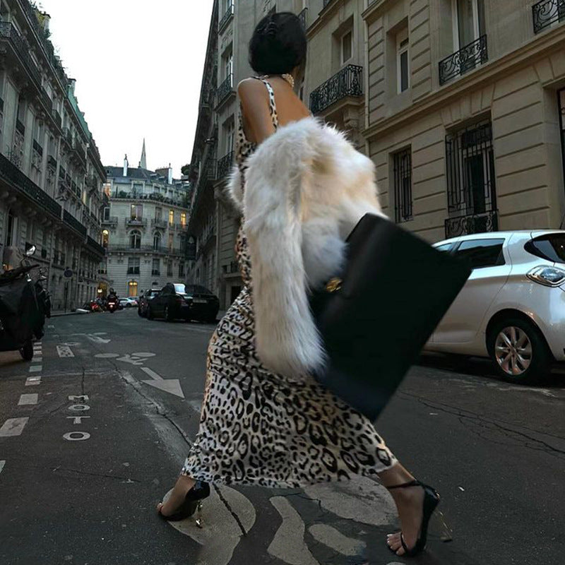 Leopard Print Satin V neck Strap Backless Dress Slim Fit Maxi Dress