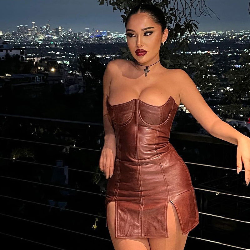 Faux Leather Personality Tube Top Skinny Sheath Sleeveless Backless