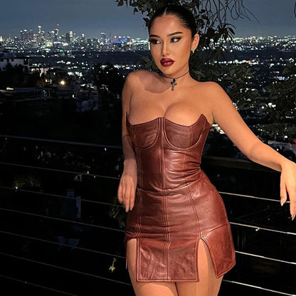 Faux Leather Personality Tube Top Skinny Sheath Sleeveless Backless