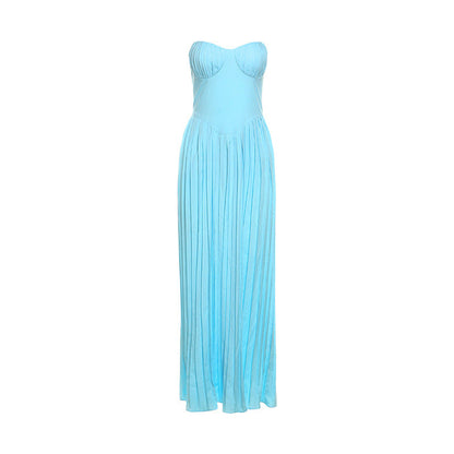 Elegant V Neck Pleated Dress Tube Top Maxi Dress Slim Fit Backless