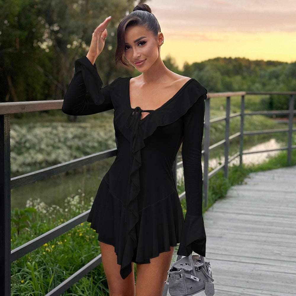 Ruffled Pointed Collar Rope Bell Sleeve Dress