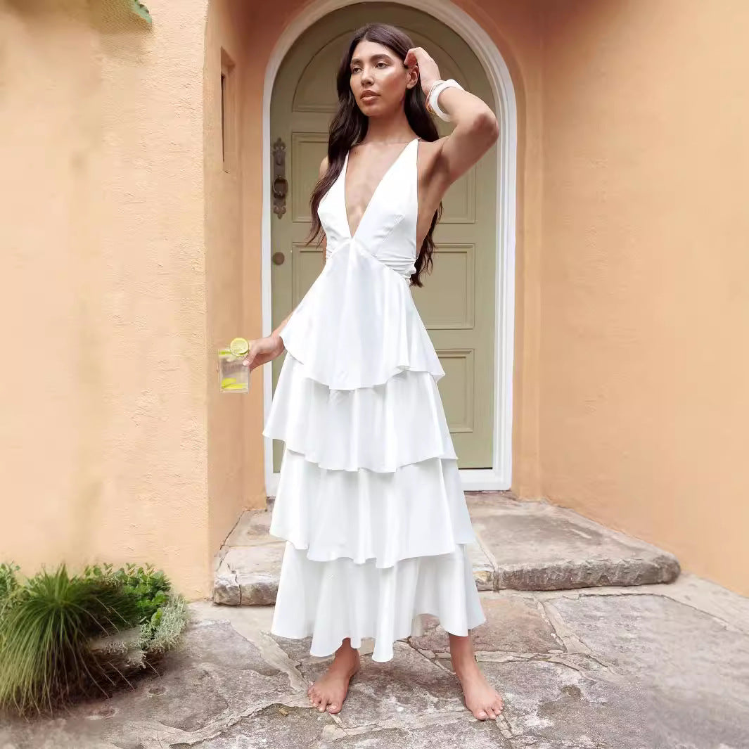Tiered Dress Deep V Plunge Neck Backless Lace Up Dress
