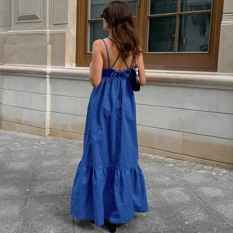 French Vacation Blue Cotton Linen V neck Strap Backless Dress Dress