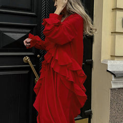 French Design Ruffled Long Sleeve Dress Red V neck Casual Dress