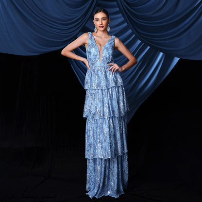 Sleeveless Elegant V neck Long Sequined Cocktail Sequined Evening Dress Bridesmaid