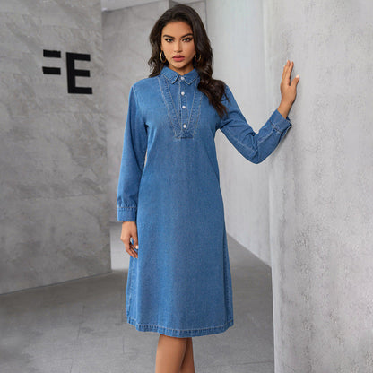 Chinese StCollar Elegant Graceful Retro Long Sleeve Denim Midi Dress