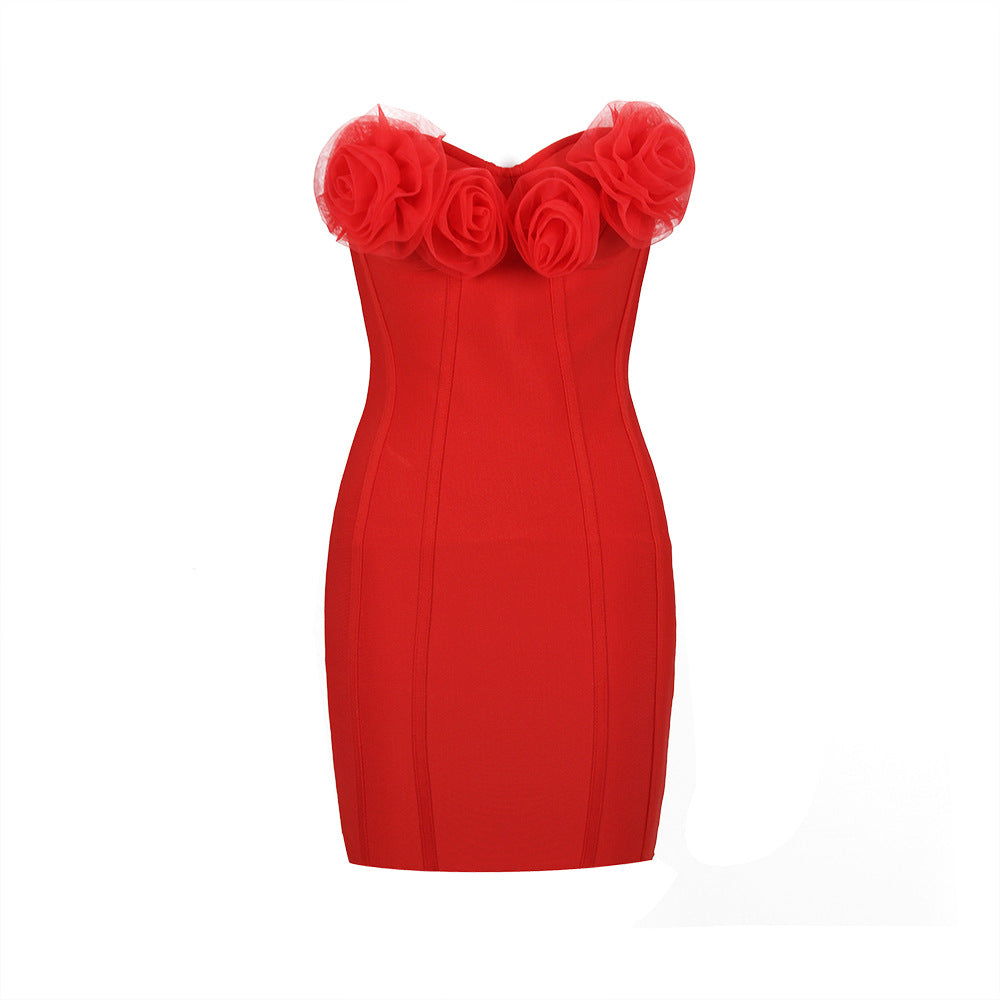 Floral Chest Cup Short Bandage One Piece Slim Tube Top Dress