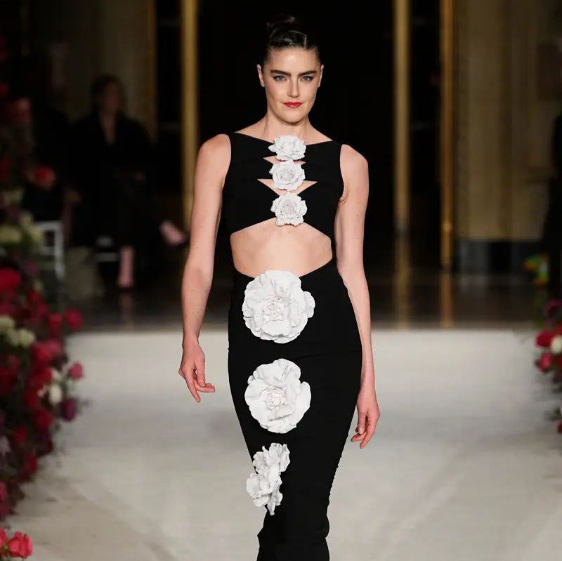 Floral Slim Fit Slimming Bandage Dress Niche Hollow Out Cutout Sleeveless Dress