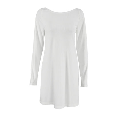 Knitted Sunken Stripe Long Sleeved Backless Nightdress Simple Comfortable Casual Homewear