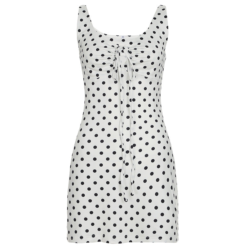 Polka Dot Printed Waist Controlled A line Mini Strap Dress