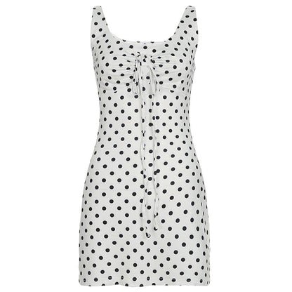 Polka Dot Printed Waist Controlled A line Mini Strap Dress