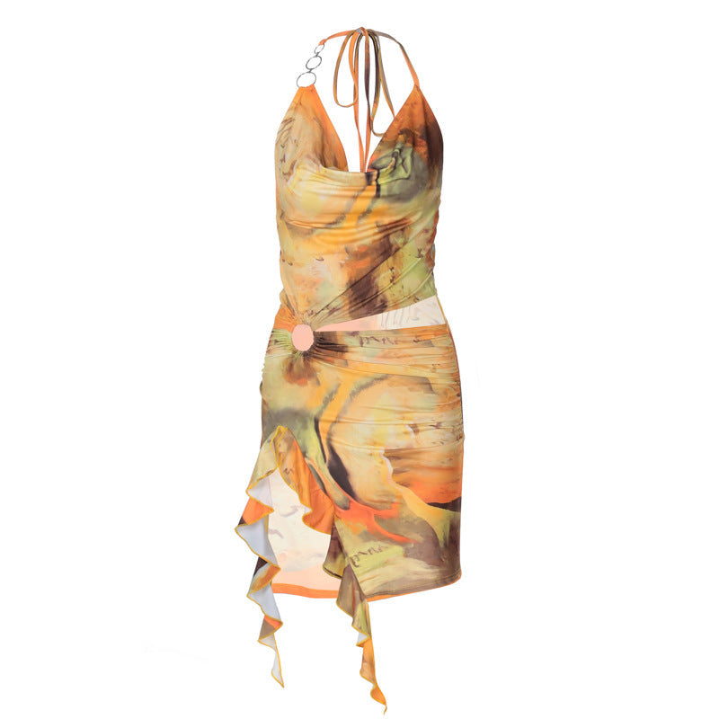 Printing Backless Lace up Dress