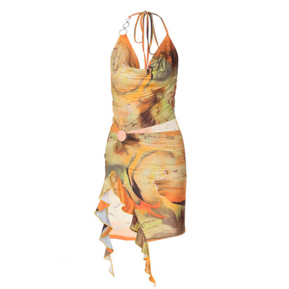 Printing Backless Lace up Dress