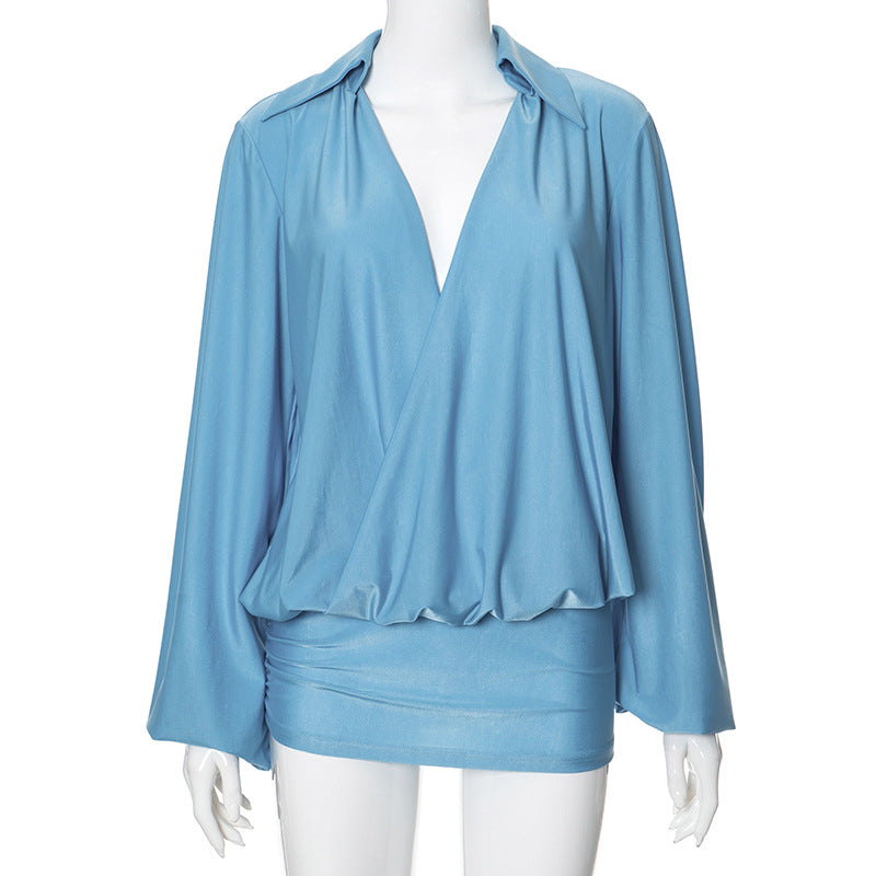 Solid Color Low Neck Stitching Casual All Matching Dress