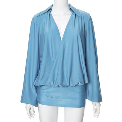 Solid Color Low Neck Stitching Casual All Matching Dress