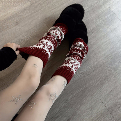 Retro Snowflake Knit Slouchy Red Christmas Leg Warmers