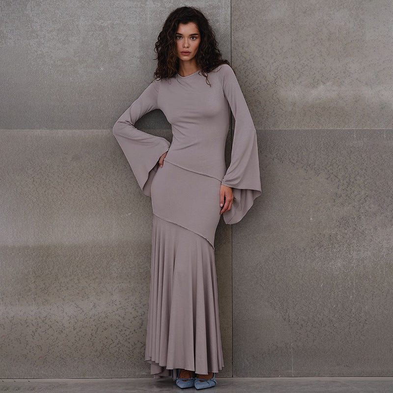 Solid Color Bell Sleeve Waist Tight Elegant Fishtail Dress