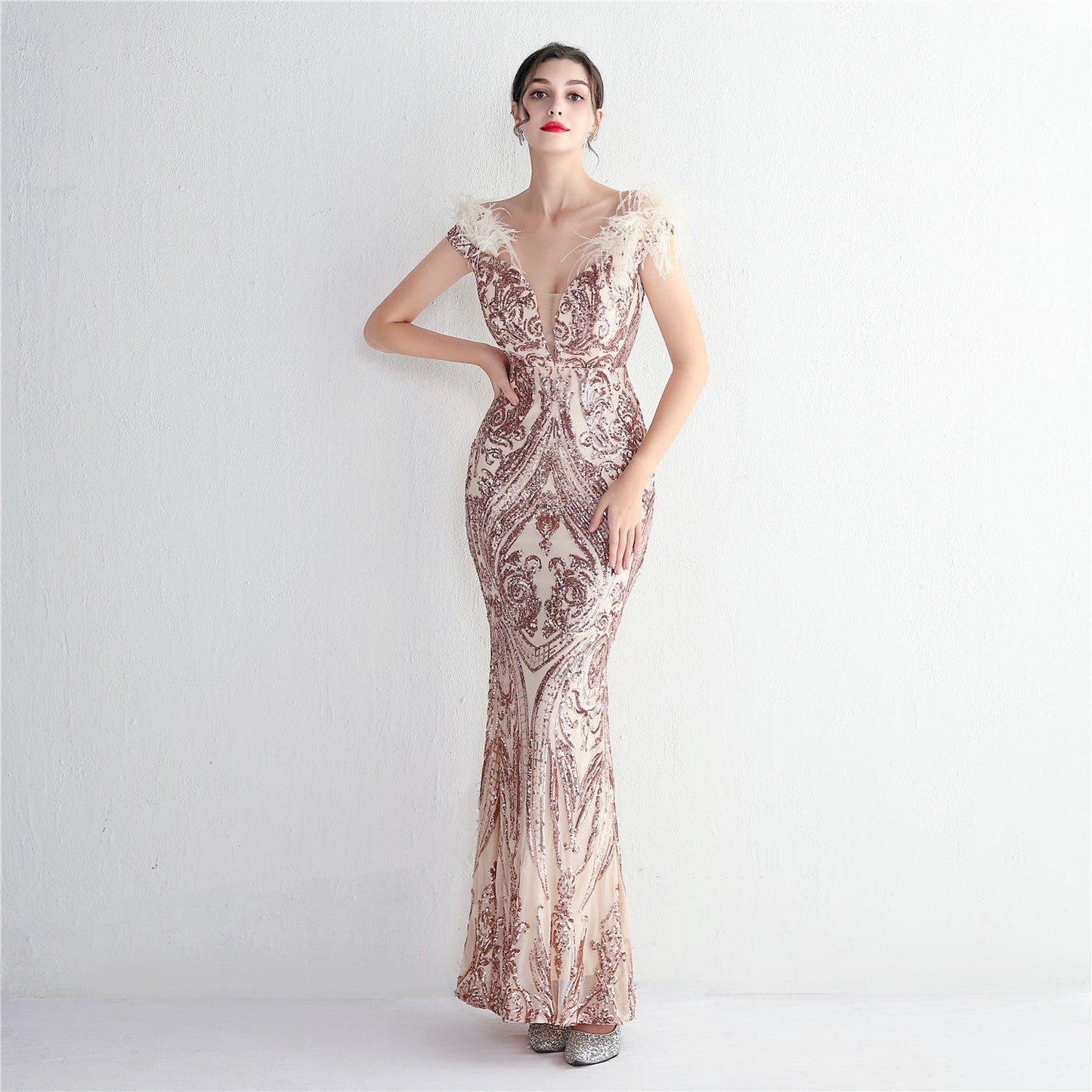High Density Three Dimensional Strong Sequin Positioning Floral Craft Handmade Wool Cocktail Slim Fit Evening Dress