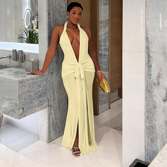 Backless Halter Deep V Plunge neck Solid Color Split
