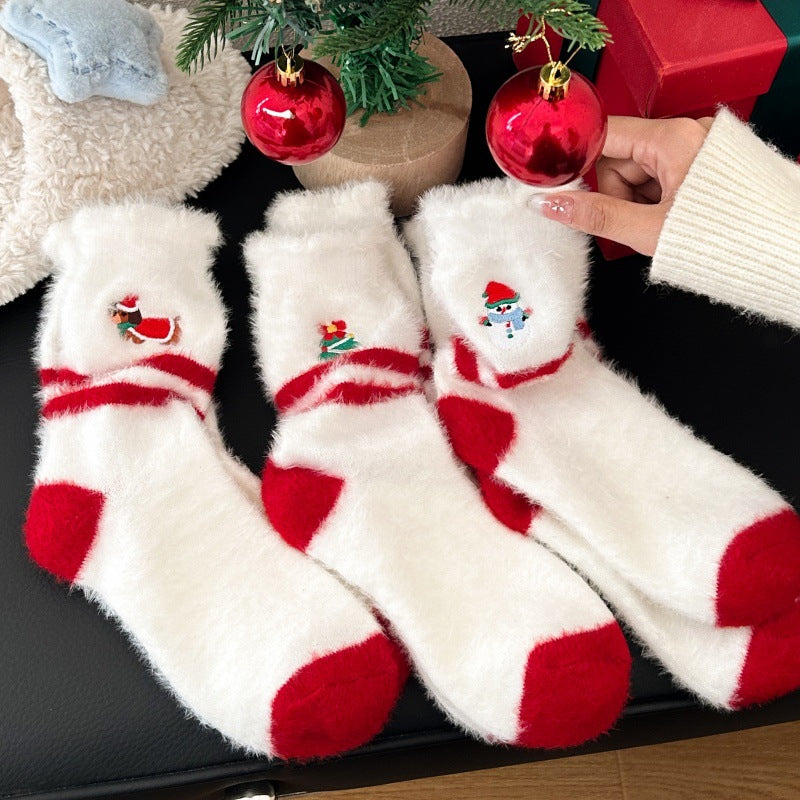 Thick Plush Embroidered Red Mid Calf Christmas Socks