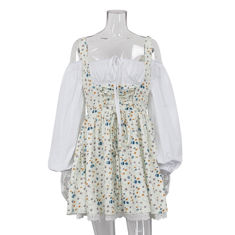 Bubble Sleeve Strap Tube Top Faux Two Piece French Dress Floral Cami Dress