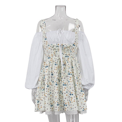 Bubble Sleeve Strap Tube Top Faux Two Piece French Dress Floral Cami Dress