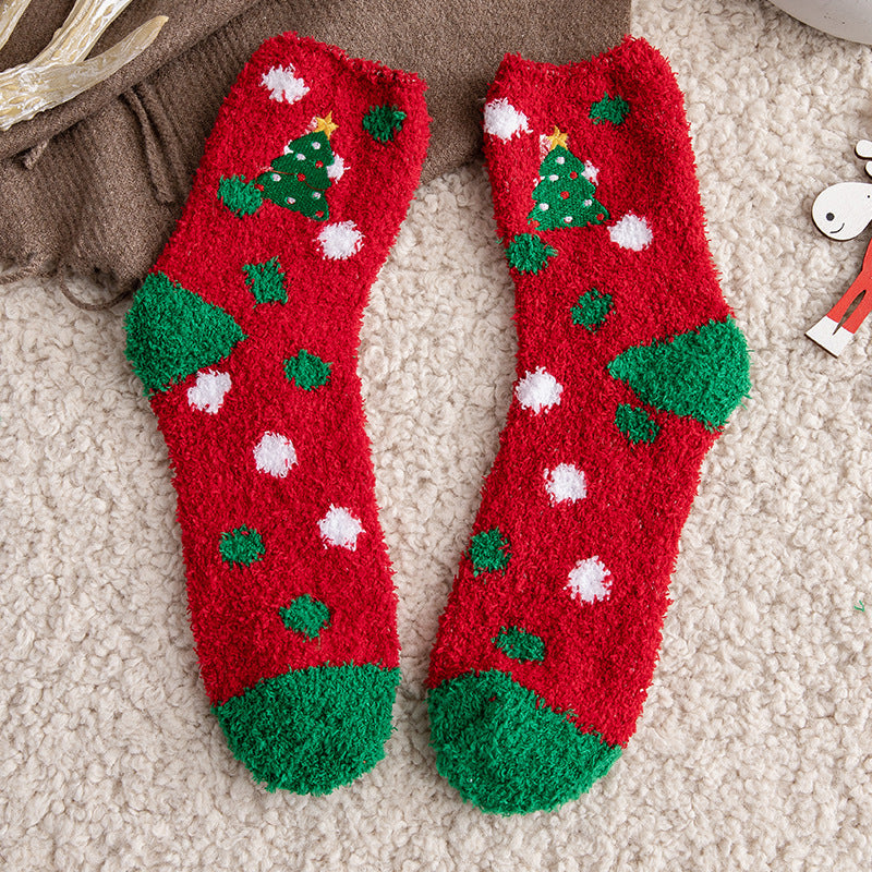 Soft Cotton Coral Fleece Cute Mid Calf Sleep Christmas Socks