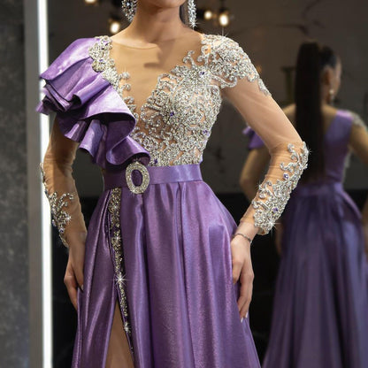 Evening Satin Gold Purple Sequ Dress