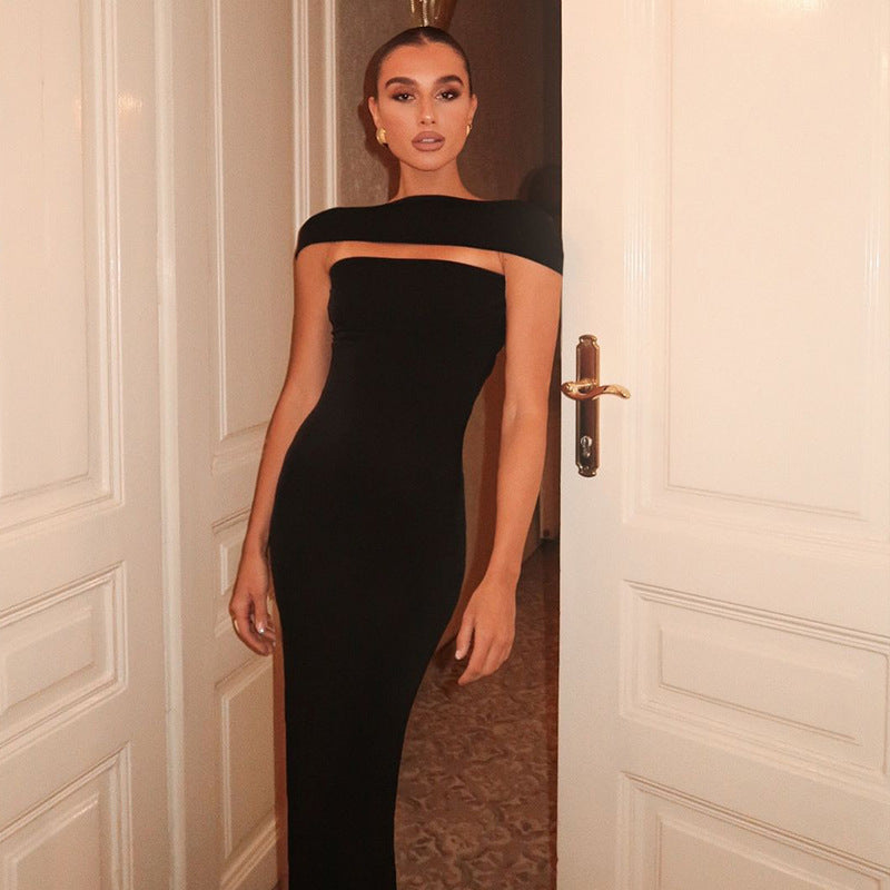 off the Shoulder Collar Wrapped Chest Backless Solid Color Tight Sheath Dress