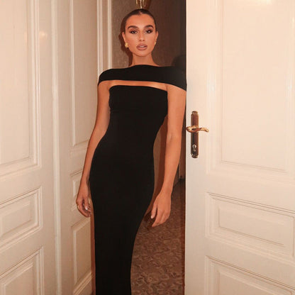 off the Shoulder Collar Wrapped Chest Backless Solid Color Tight Sheath Dress