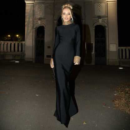 Diamond Bead Long Sleeve Bandage Dress Backless Party Cocktail Dress