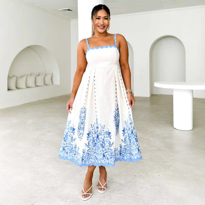 Printed Wave Sleeveless Backless Tied Spaghetti Strap