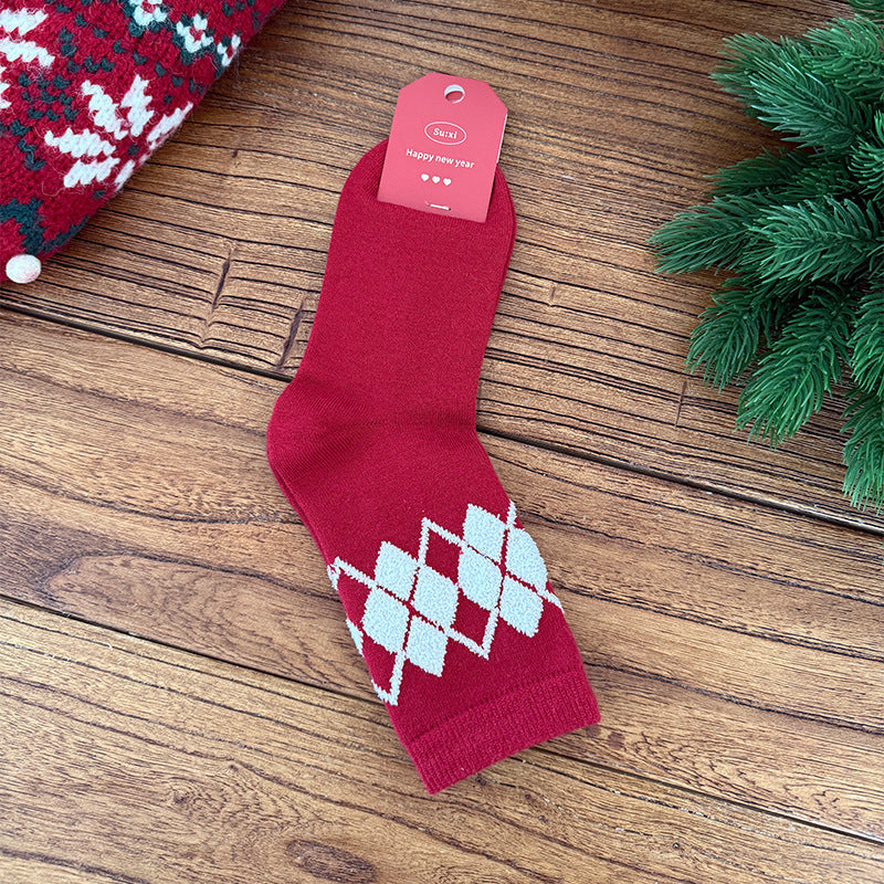Red Argyle Snowflake Seamless Rabbit Fleece Mid Calf Christmas Socks