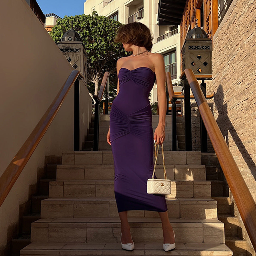 Tight Tube Top Backless Pleated Solid Color Dress Evening Dress