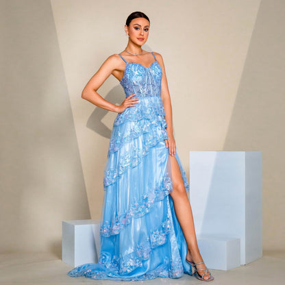 High End Suspenders Long Sequined Cocktail Large Swing Evening Dress Bridesmaid