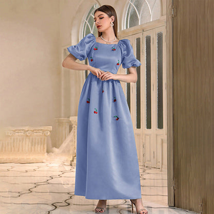 Dress Blue A line Dress High Waist Square Collar Elegant Dress